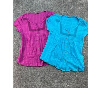 Prana Short-Sleeve Button Front Blouses in Magenta and Teal